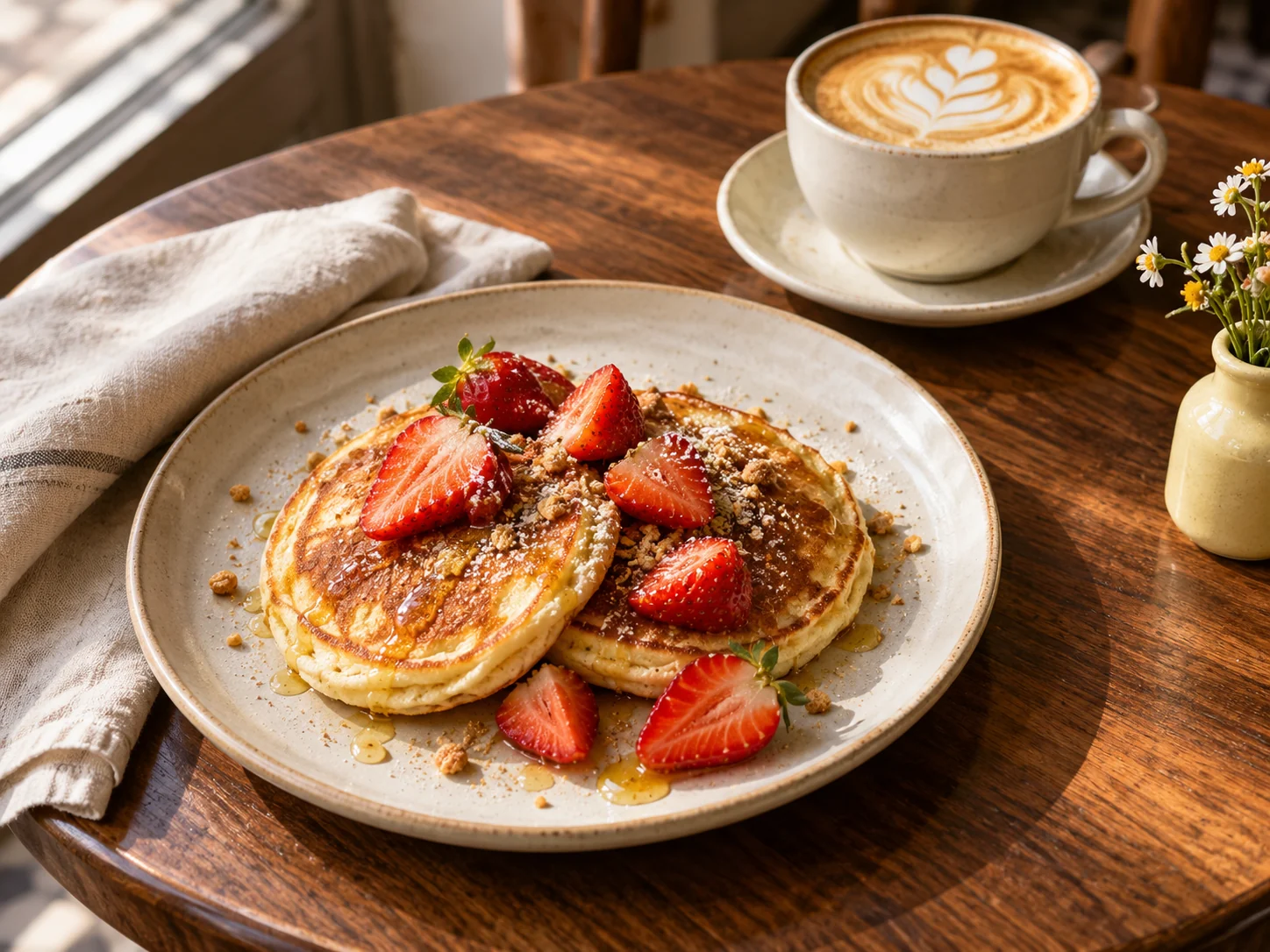 Pancakes et cappuccino dans une ambiance de café, photographie illustrative